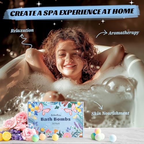 RelaxRose Bath Bombs Gift Set, 54 Pack Handmade Shower Bombs with 11 Delightful Scents, Long-lasting Fizzy Bubbles & Colorful Magic, 7-Minute Dissolve for Relaxation, Ideal Bubble Bath Gift for Women