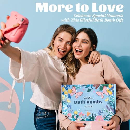 RelaxRose Bath Bombs Gift Set, 54 Pack Handmade Shower Bombs with 11 Delightful Scents, Long-lasting Fizzy Bubbles & Colorful Magic, 7-Minute Dissolve for Relaxation, Ideal Bubble Bath Gift for Women