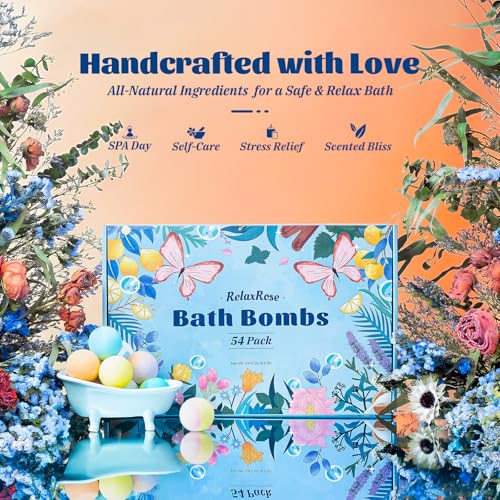 RelaxRose Bath Bombs Gift Set, 54 Pack Handmade Shower Bombs with 11 Delightful Scents, Long-lasting Fizzy Bubbles & Colorful Magic, 7-Minute Dissolve for Relaxation, Ideal Bubble Bath Gift for Women