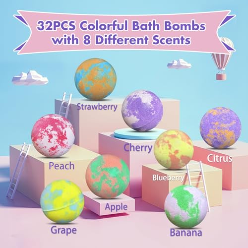 Bath Bombs for Kids with Surprise Inside, 32 Pack Bath Bombs with Land & Sea Animal Toys, Handmade Fizzy Colorful Bubble Children Bath Ball Gift Set for Birthday, Christmas, Halloween, Mothers Day