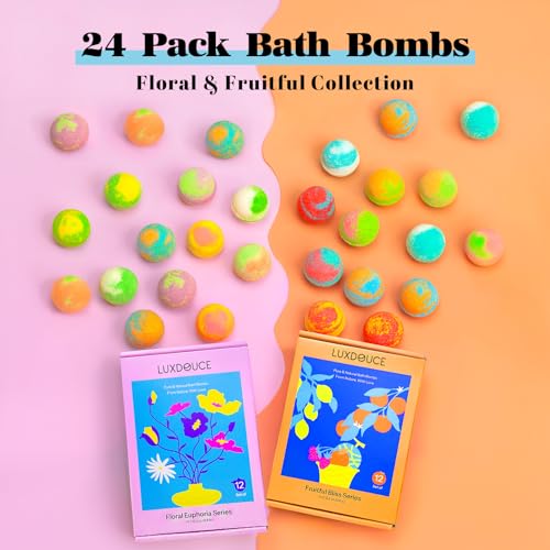 Bath Bombs Gift Set, 24 Pack Bubble Bombs with 12 Unique Scents, Floral Euphoria & Fruitful Bliss Collections, Skin-Soothing & Mood-Enhancing, Bath Bombs Mothers Day Gift Set for Mom