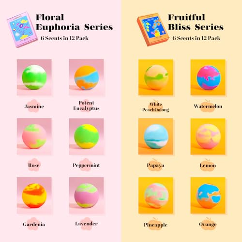 Bath Bombs Gift Set, 24 Pack Bubble Bombs with 12 Unique Scents, Floral Euphoria & Fruitful Bliss Collections, Skin-Soothing & Mood-Enhancing, Bath Bombs Mothers Day Gift Set for Mom