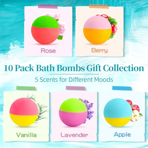 Bath Bombs Gift Set for Women, Mothers Day Gifts for Mom, 10 Fizzy Shower Bombs with 5 Aromatic Scents, Rich Bubbles & Diverse Colors, Ideal for Relaxing Spa Experiences at Home