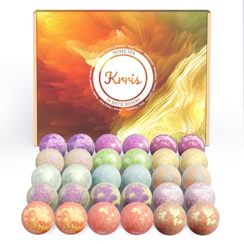 Krris Bath Bombs, 30 Pack Organic Bath Bombs Essential Oils with 15 Scents, Bath Bombs for Women Relaxing and Self Care, Exquisite Packaging Gift Perfect for Mom, Wife, Girlfriend,Kids