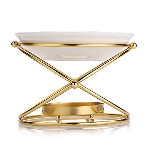 JuxYes European Metal Oil Burner Wax Warmer, Delicate Romantic Ceramic Tealight Candle Holder Oil Burner, Fragrance Warmer Aromatherapy Wax Candle Tart Burner Warmer Diffuser for Home Bedroom Décor