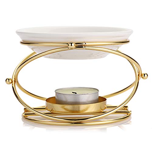 JuxYes European Metal Oil Burner Wax Warmer, Delicate Romantic Ceramic Tealight Candle Holder Oil Burner, Fragrance Warmer Aromatherapy Wax Candle Tart Burner Warmer Diffuser for Home Bedroom Décor