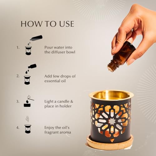 Dukhni Oil Burner | Brass burner with candle | Use for essential oil, aroma oil, diffuser oils | Relax with home aromatherapy, for stress relief, meditation, massage and home fragrance, Islamic gift