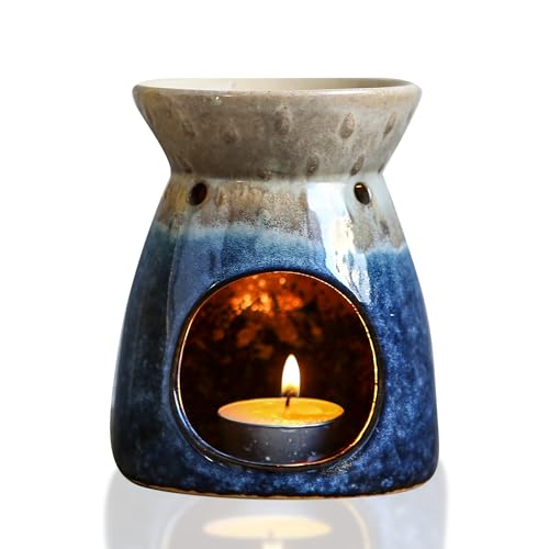 Kendiis Essential Oil Burner, Ceramic Tealight Candle Holder Wax Melt Burners, Aromatherapy Aroma Diffuser Burner for Living Room, Balcony, Patio, Porch and Garden - Blue