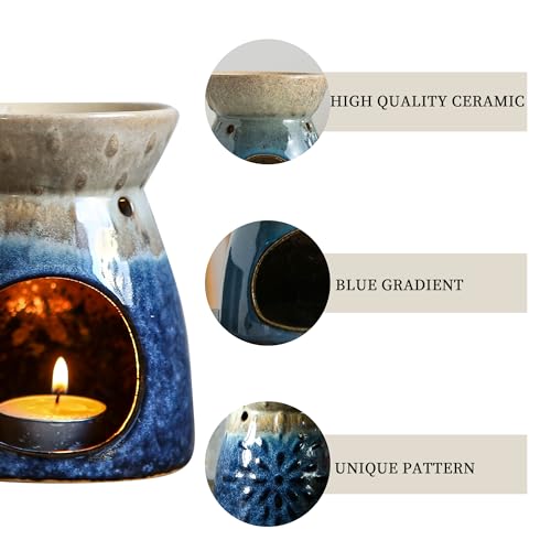 Kendiis Essential Oil Burner, Ceramic Tealight Candle Holder Wax Melt Burners, Aromatherapy Aroma Diffuser Burner for Living Room, Balcony, Patio, Porch and Garden - Blue