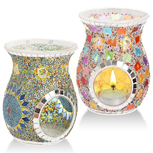Lyellfe 2 Pack Essential Oil Burner, Fragrance Oil Warmer, Decorative Tealight Candle Holder, Incense Aromatherapy Oil Diffuser, Scented Wax Warmer for Gift Home Table Decor, Mosaic Glass