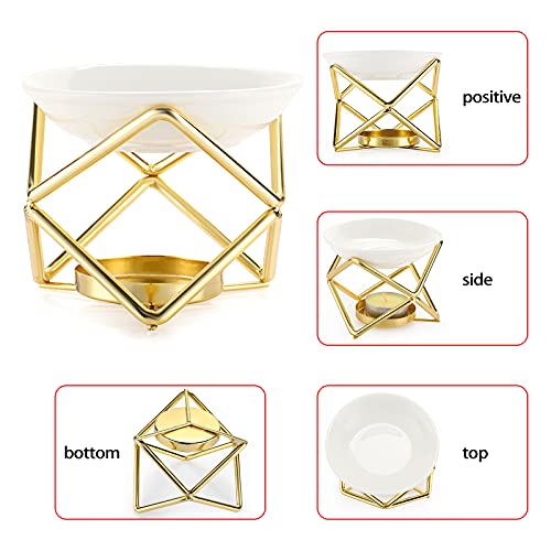 JuxYes Euro Metal Oil Burner Wax Warmer, Delicate Romantic Ceramic Tealight Candle Holder Oil Burner, Fragrance Warmer Aromatherapy Wax Candle Tart Burner Warmer Diffuser for Home Bedroom Décor