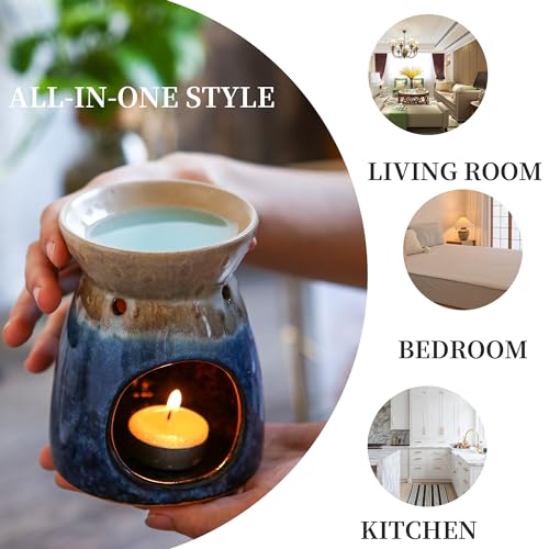 Kendiis Essential Oil Burner, Ceramic Tealight Candle Holder Wax Melt Burners, Aromatherapy Aroma Diffuser Burner for Living Room, Balcony, Patio, Porch and Garden - Blue