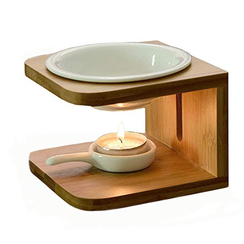 Singeek 100ML Ceramic Tea Light Holder,Essential Oil Burner Candle Aroma Diffuser for Spa Yoga Meditation (I-Shaped White, Wood)