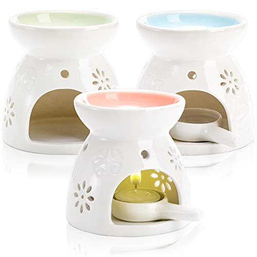 Yesland 3 Pack Ceramic Essential Oil Burner, Wax Melt Burners with Spoon Colored Tealight Candle Holder, Aromatherapy Aroma Burner for Home, Bedroom Decor, Christmas, Birthday, Wedding Gift