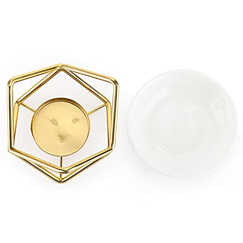 JuxYes Euro Metal Oil Burner Wax Warmer, Delicate Romantic Ceramic Tealight Candle Holder Oil Burner, Fragrance Warmer Aromatherapy Wax Candle Tart Burner Warmer Diffuser for Home Bedroom Décor