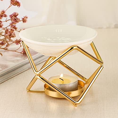JuxYes Euro Metal Oil Burner Wax Warmer, Delicate Romantic Ceramic Tealight Candle Holder Oil Burner, Fragrance Warmer Aromatherapy Wax Candle Tart Burner Warmer Diffuser for Home Bedroom Décor