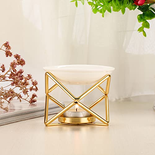 JuxYes Euro Metal Oil Burner Wax Warmer, Delicate Romantic Ceramic Tealight Candle Holder Oil Burner, Fragrance Warmer Aromatherapy Wax Candle Tart Burner Warmer Diffuser for Home Bedroom Décor