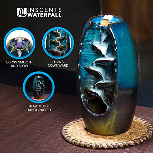 Inscents Waterfall AS-SEEN-ON-TV Ceramic Incense Holder Cone Burner with Backflow Design Ornament Home Decor Aromatherapy for Spa Office Bedroom Yoga +100pcs Essential Oil Dipped Scented Incense Cones