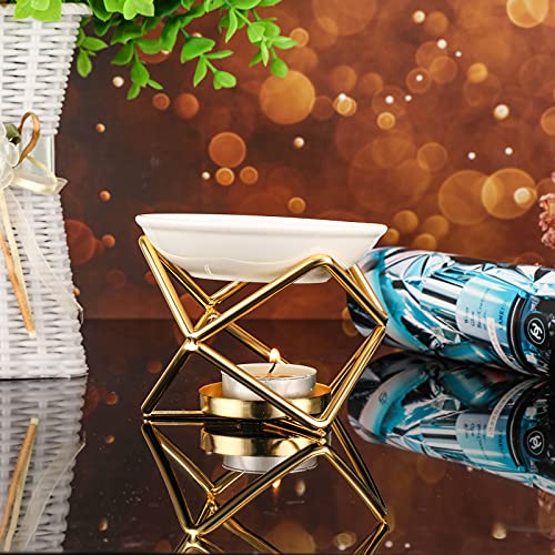 JuxYes Euro Metal Oil Burner Wax Warmer, Delicate Romantic Ceramic Tealight Candle Holder Oil Burner, Fragrance Warmer Aromatherapy Wax Candle Tart Burner Warmer Diffuser for Home Bedroom Décor