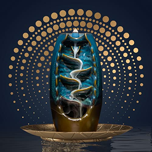 Inscents Waterfall AS-SEEN-ON-TV Ceramic Incense Holder Cone Burner with Backflow Design Ornament Home Decor Aromatherapy for Spa Office Bedroom Yoga +100pcs Essential Oil Dipped Scented Incense Cones
