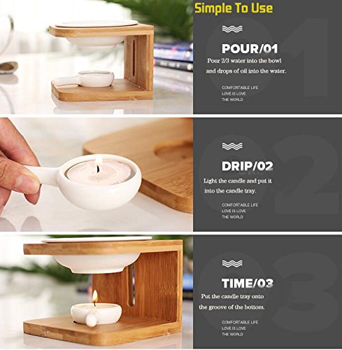 Singeek 100ML Ceramic Tea Light Holder,Essential Oil Burner Candle Aroma Diffuser for Spa Yoga Meditation (I-Shaped White, Wood)