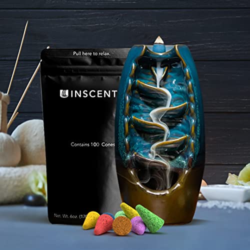Inscents Waterfall AS-SEEN-ON-TV Ceramic Incense Holder Cone Burner with Backflow Design Ornament Home Decor Aromatherapy for Spa Office Bedroom Yoga +100pcs Essential Oil Dipped Scented Incense Cones