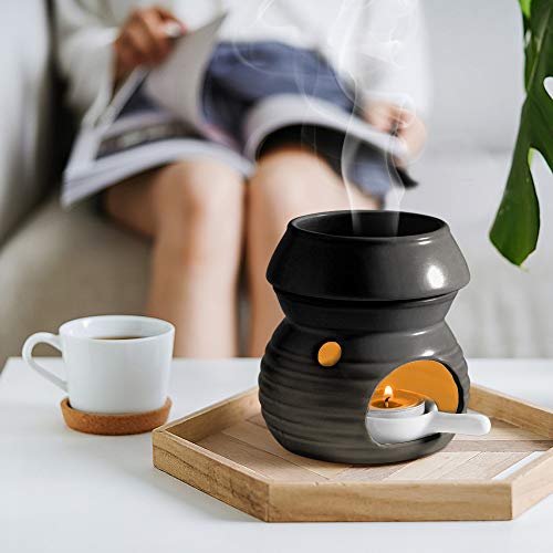 ComSaf Essential Oil Burner Wax Melt Burner with Candle Spoon, Aromatherapy Aroma Burner Ceramic Oil Diffuser Candle Tealight Oil Warmer Yoga Spa Home Decor Christmas Housewarming Gift Black 1Pack