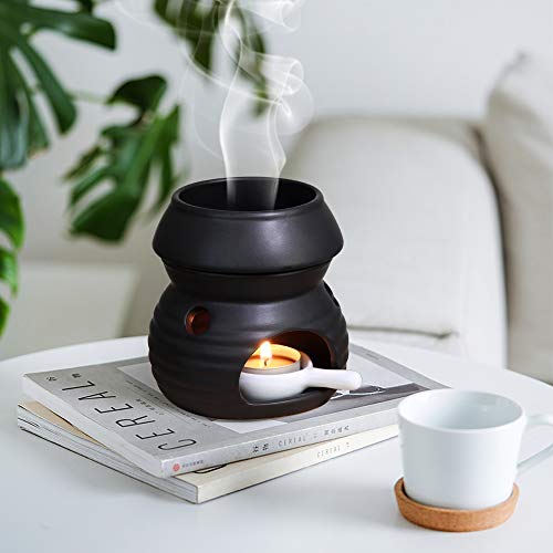 ComSaf Essential Oil Burner Wax Melt Burner with Candle Spoon, Aromatherapy Aroma Burner Ceramic Oil Diffuser Candle Tealight Oil Warmer Yoga Spa Home Decor Christmas Housewarming Gift Black 1Pack