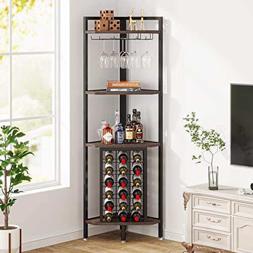 Industrial Corner Wine Rack with Glass Holder, 4 Shelves