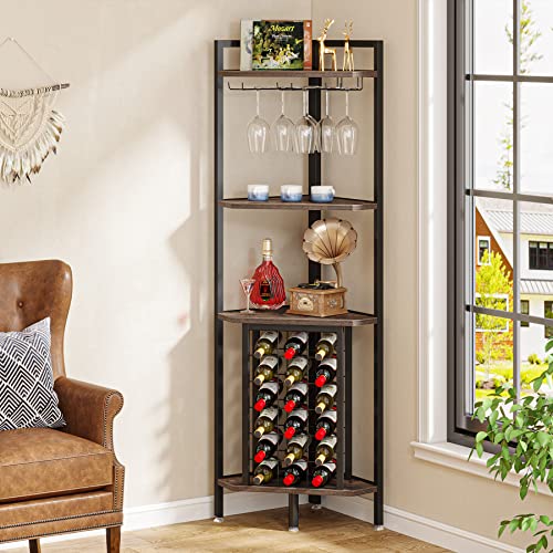 Industrial Corner Wine Rack with Glass Holder, 4 Shelves