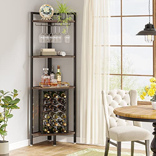 Industrial Corner Wine Rack with Glass Holder, 4 Shelves