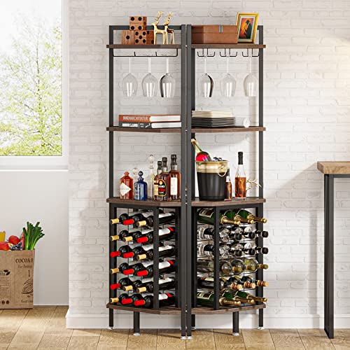 Industrial Corner Wine Rack with Glass Holder, 4 Shelves