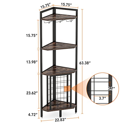 Industrial Corner Wine Rack with Glass Holder, 4 Shelves