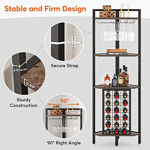 Industrial Corner Wine Rack with Glass Holder, 4 Shelves