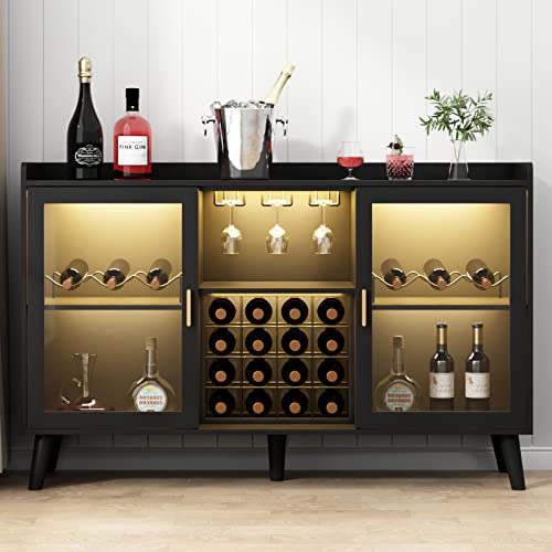 LED Wine Cabinet with Glass Holder & Storage Space