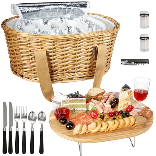 Wicker Picnic Basket Set for Two with Table & Cooler