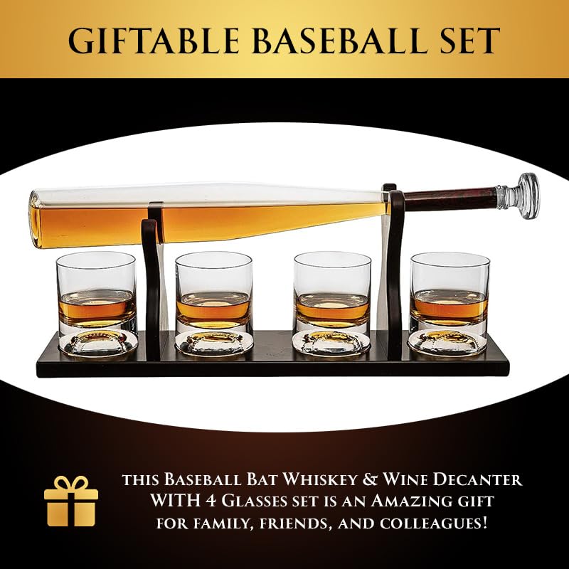 Baseball Decanter Set with 4 Glasses for Wine & Whiskey