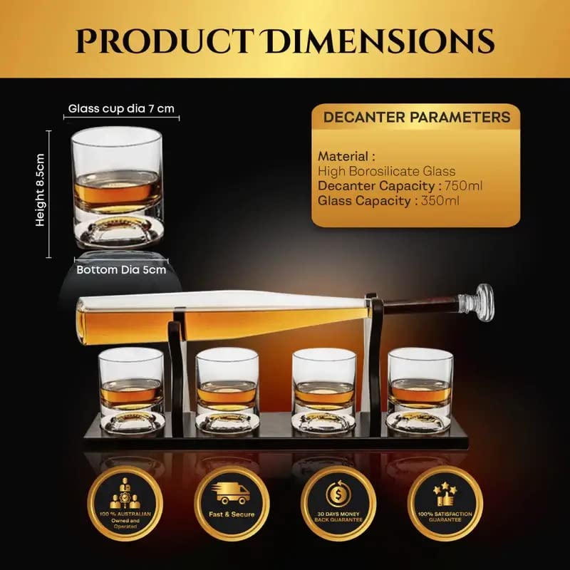 Baseball Decanter Set with 4 Glasses for Wine & Whiskey
