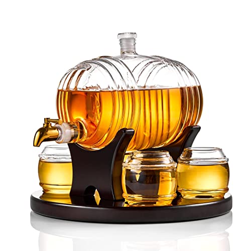 Barrel Decanter Set - 4 Whiskey Glasses Included