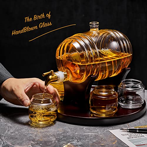 Barrel Decanter Set - 4 Whiskey Glasses Included