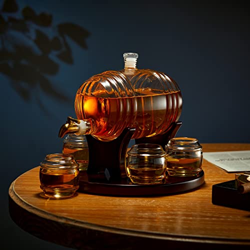 Barrel Decanter Set - 4 Whiskey Glasses Included