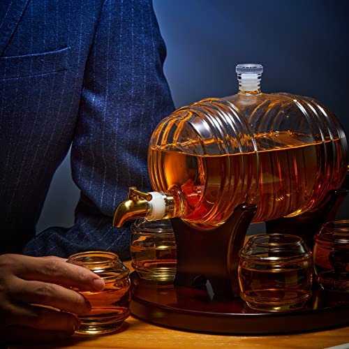 Barrel Decanter Set - 4 Whiskey Glasses Included
