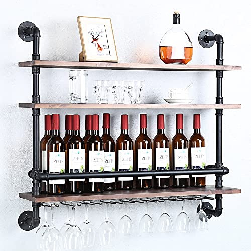 Rustic Industrial Wine Rack with Glass Holder Shelves