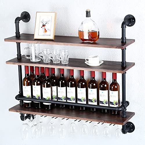 Rustic Industrial Wine Rack with Glass Holder Shelves