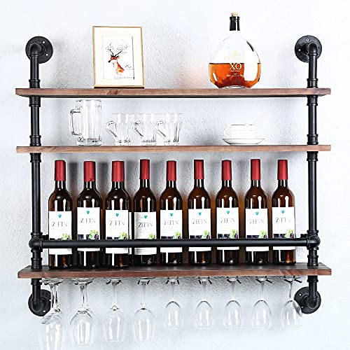 Rustic Industrial Wine Rack with Glass Holder Shelves