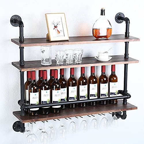 Rustic Industrial Wine Rack with Glass Holder Shelves