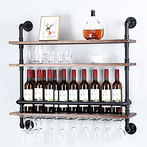 Rustic Industrial Wine Rack with Glass Holder Shelves