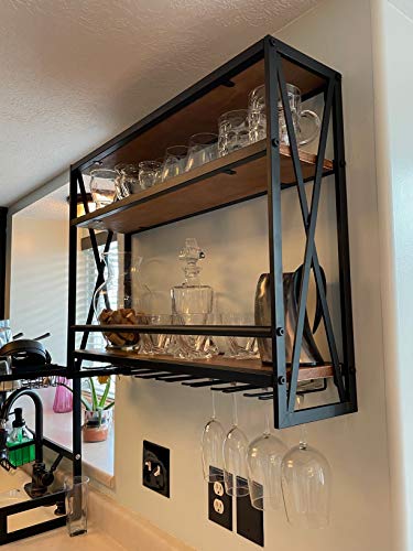 Industrial Wall Mounted Wine Rack with Glass Holder