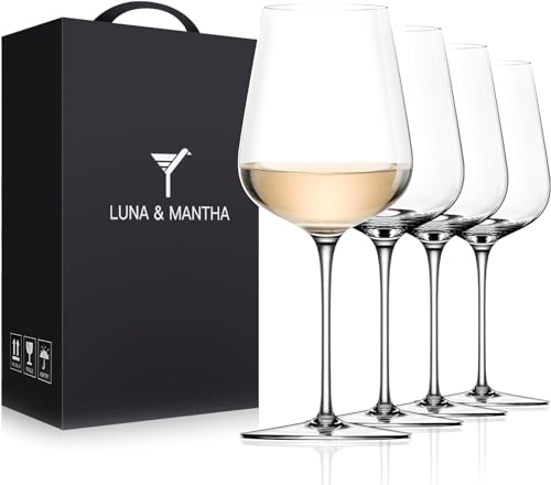 LUNA & MANTHA White Wine Glasses Set of 4, Crystal Wine Glasses 14oz Hand Blown- Modern Wine Glasses with Stem, Perfect for Red & White- Gift Packaging for Daily Use, Wedding Anniversary or Birthday