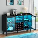 Auromie Wine Bar Cabinet with Led Light, Home Coffee Cabinet with Wine and Glass Rack, Kitchen Buffet Sideboard with Storage Shelves, Freestanding Liquor Cabinet for Living Room, Dining Room, Black